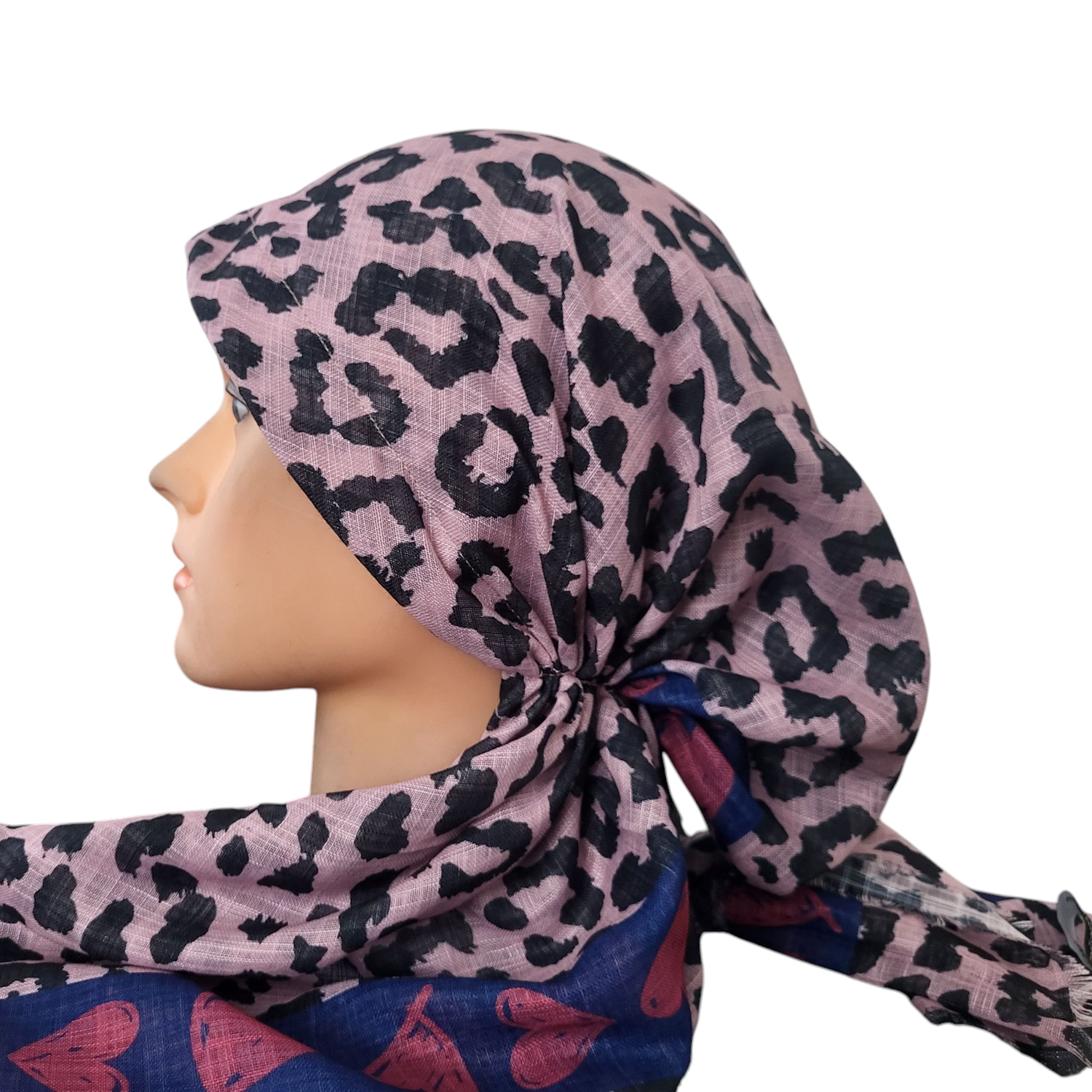 Dusty pink leopard w/hearts - soft fringes pretied tichel