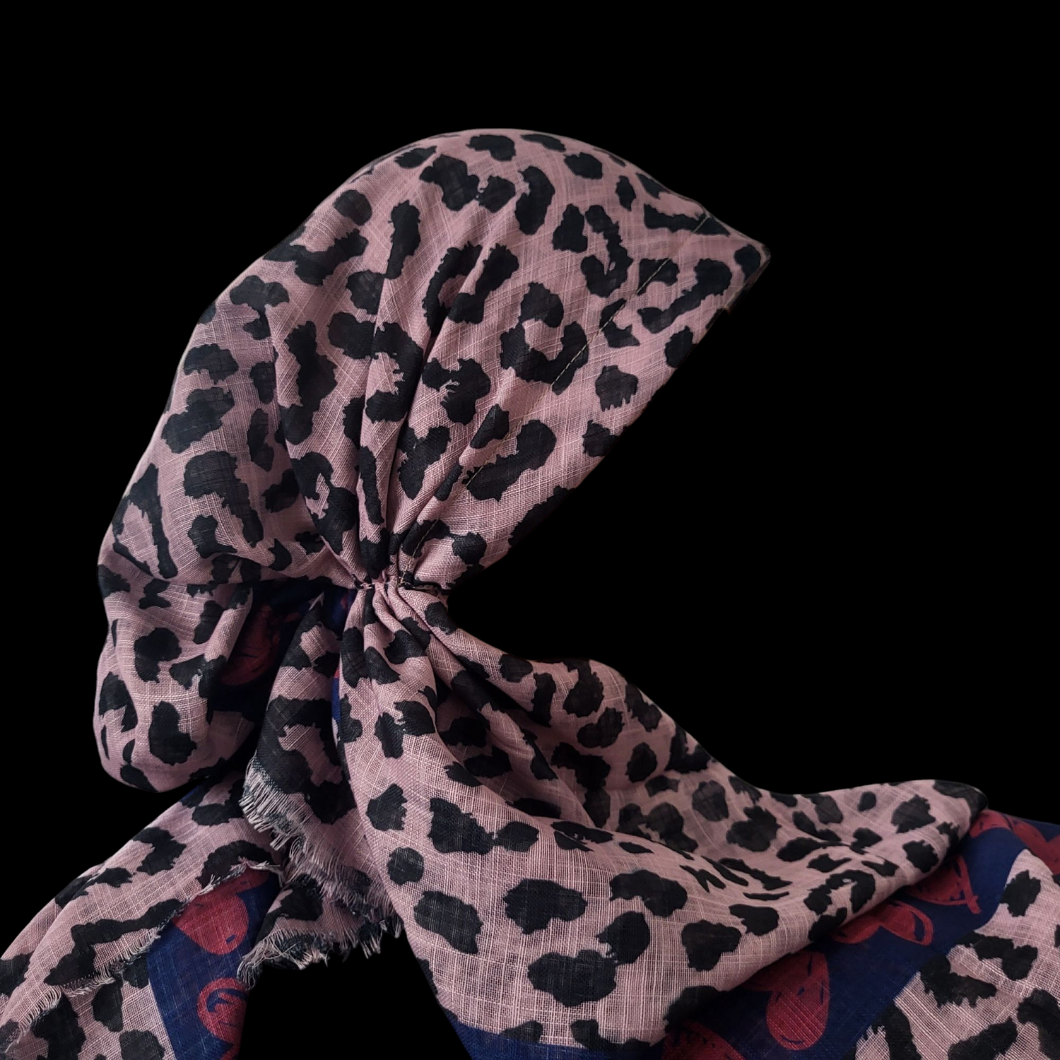 Dusty pink leopard w/hearts - soft fringes pretied tichel