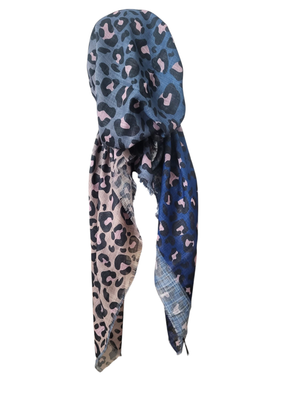Shades of blue/tan - leopard - soft fringes pretied tichel