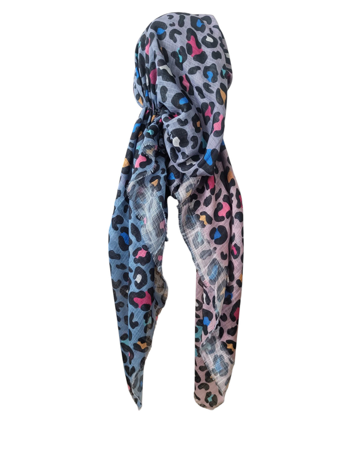 Shades of light denim/lavander/pink - leopard - soft fringes pretied tichel