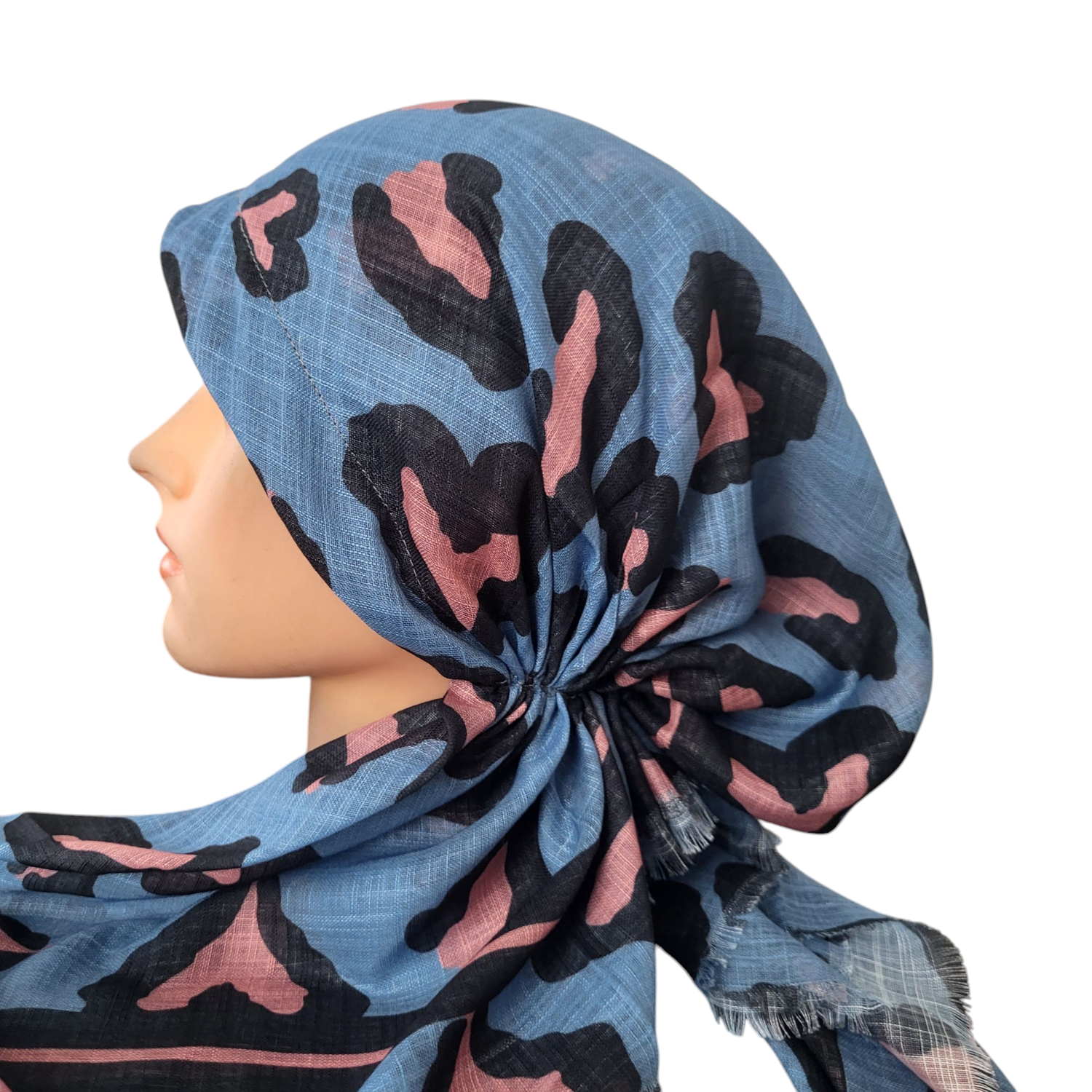 Denim leopard - soft fringes pretied tichel