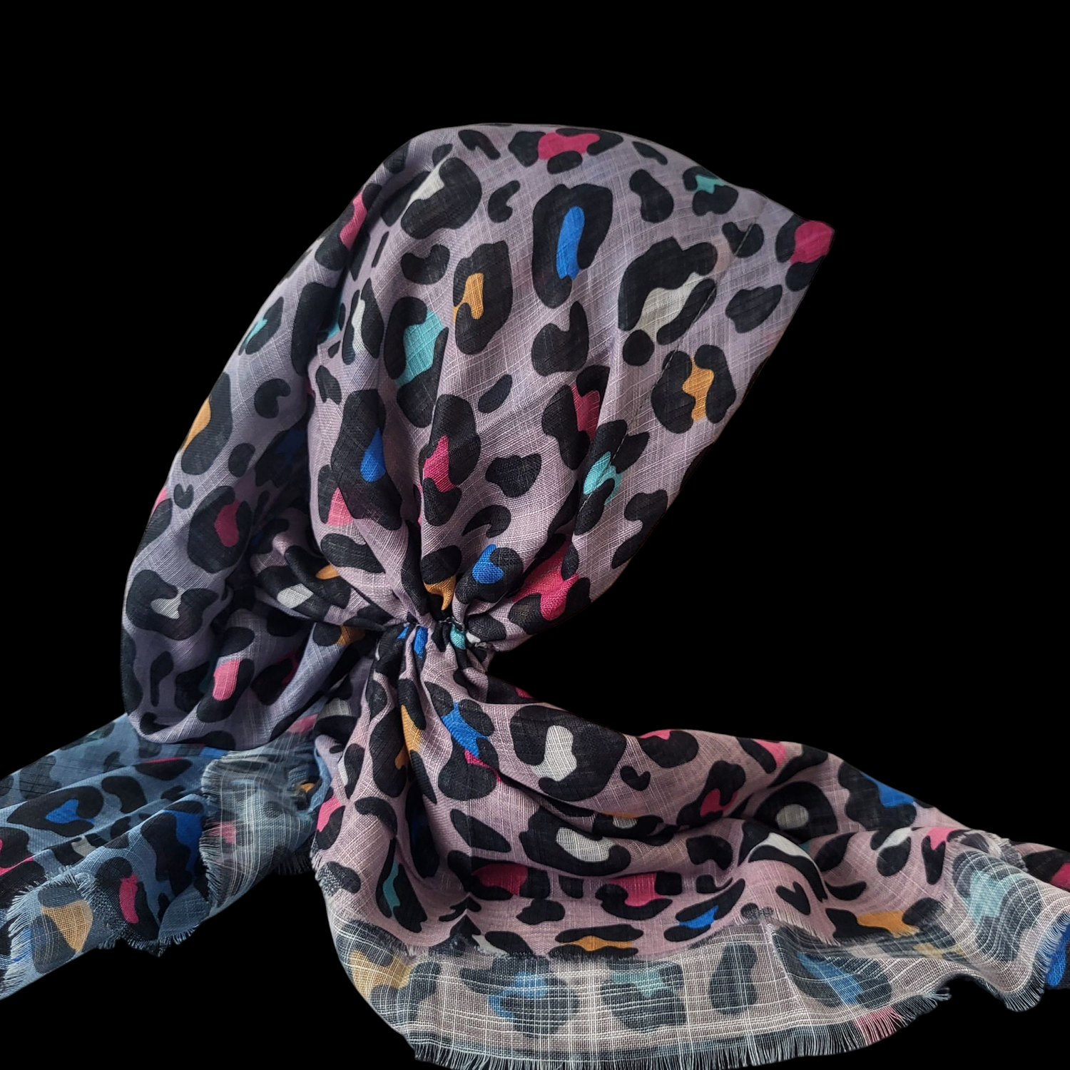Shades of light denim/lavander/pink - leopard - soft fringes pretied tichel