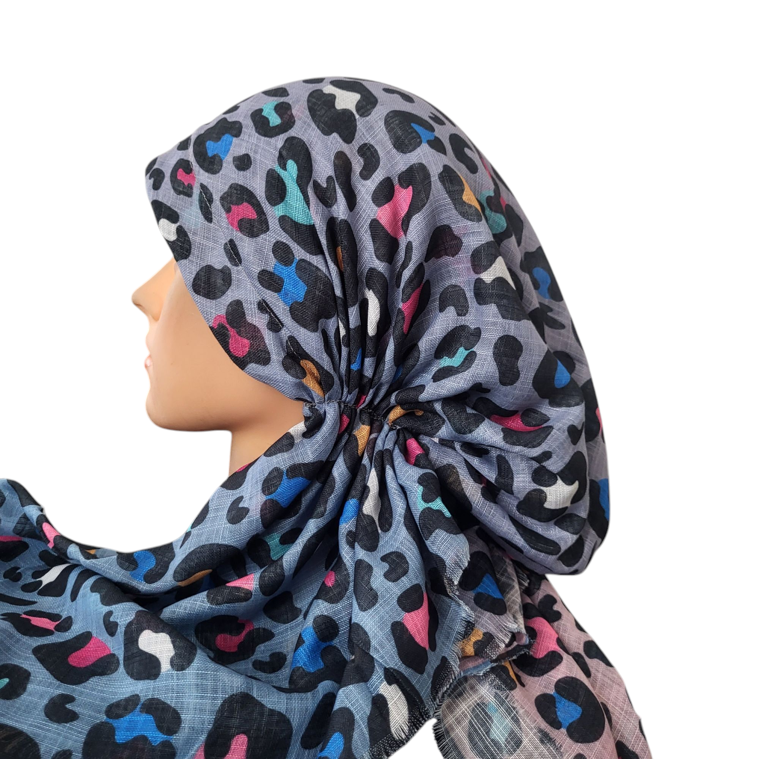 Shades of light denim/lavander/pink - leopard - soft fringes pretied tichel