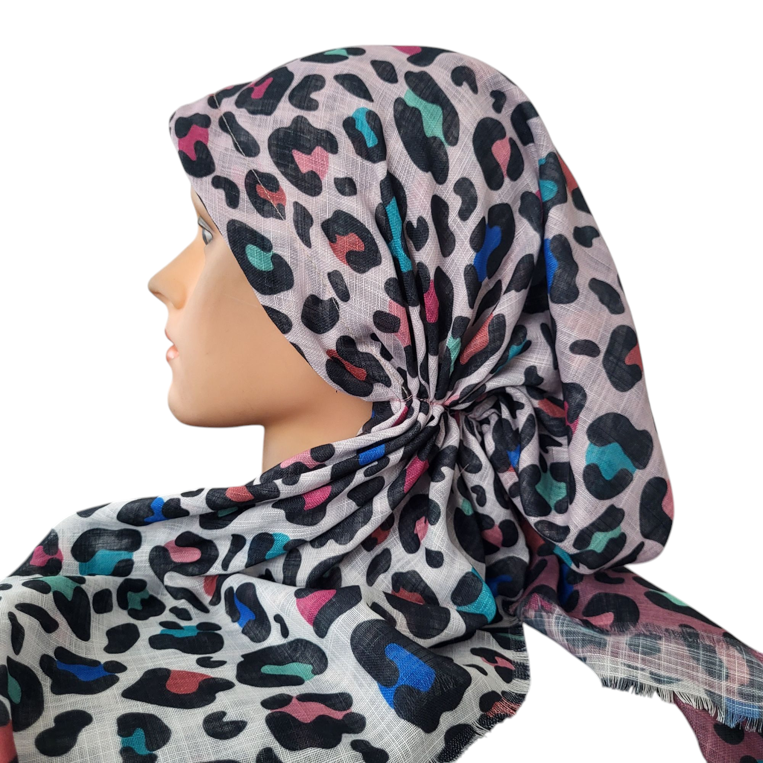 Shades of pink/white - leopard - soft fringes pretied tichel