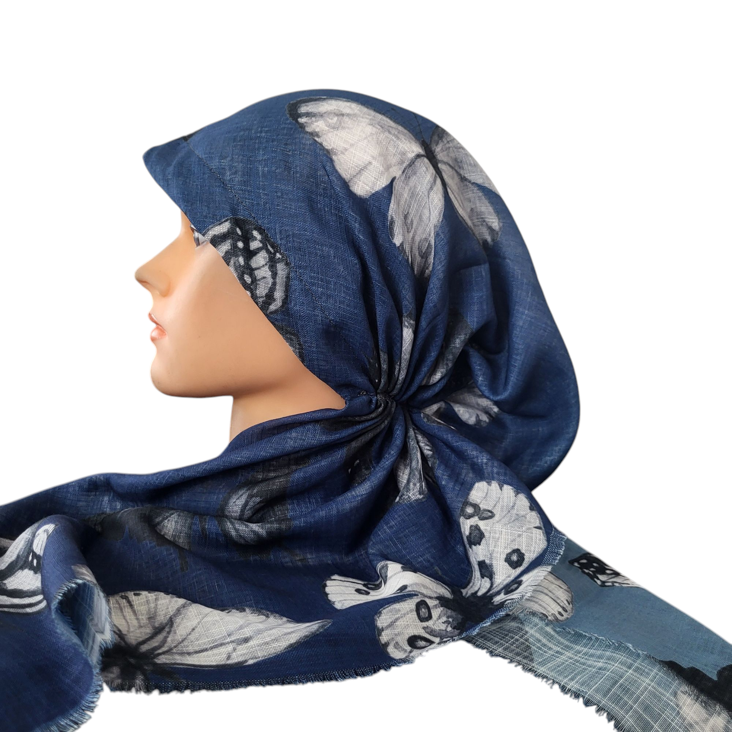 Blue shaded w/butterflies - soft fringes pretied tichel