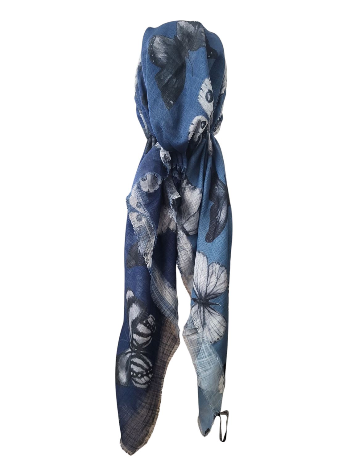 Blue shaded w/butterflies - soft fringes pretied tichel