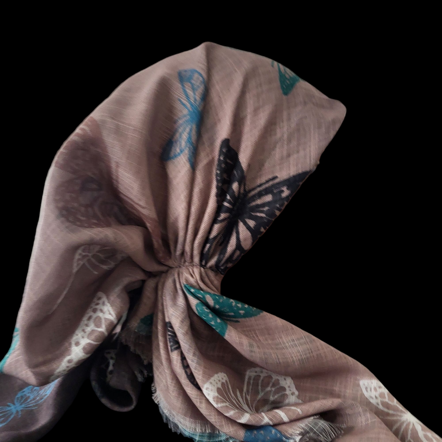 Tan shaded w/butterflies - soft fringes pretied tichel