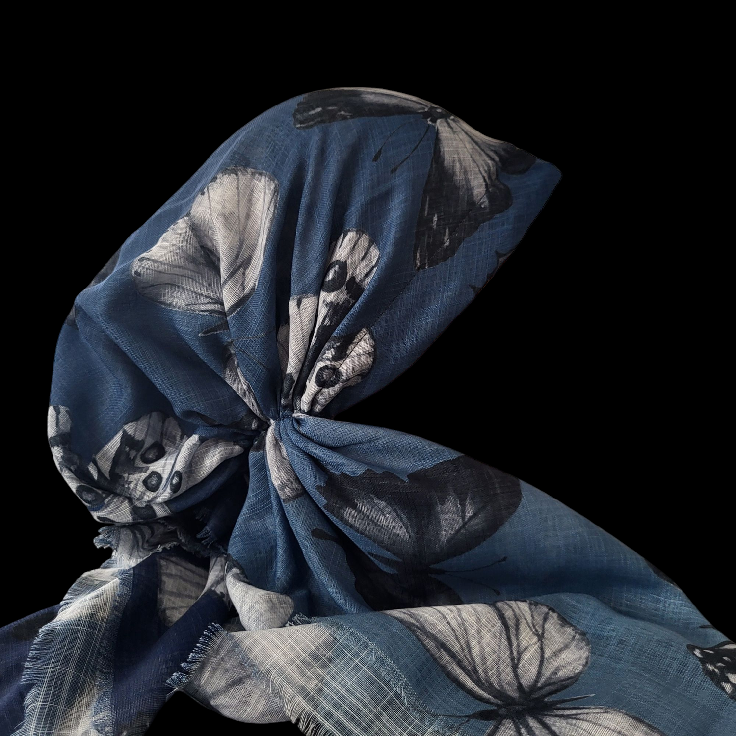 Blue shaded w/butterflies - soft fringes pretied tichel