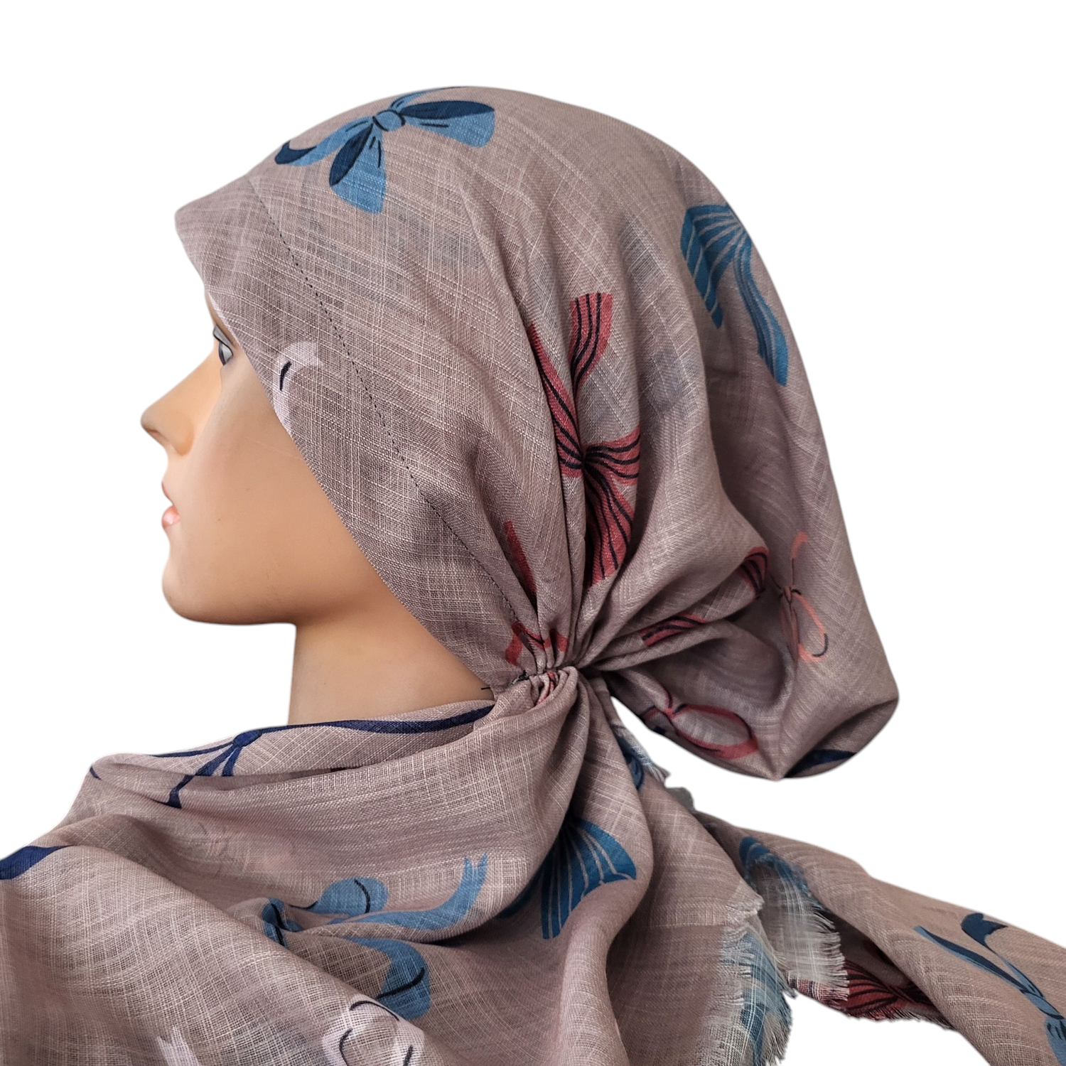 Tan bows patterned - soft fringes pretied tichel