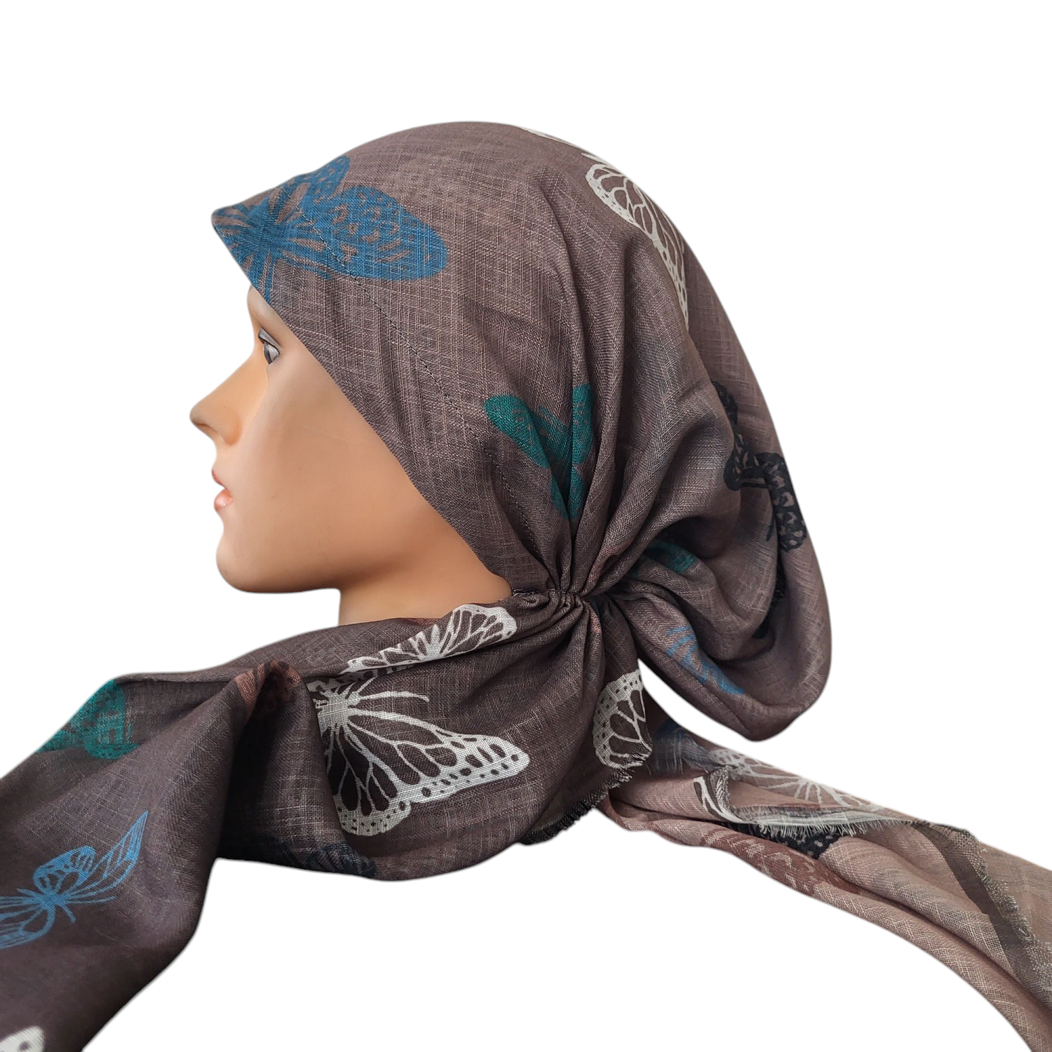 Tan shaded w/butterflies - soft fringes pretied tichel