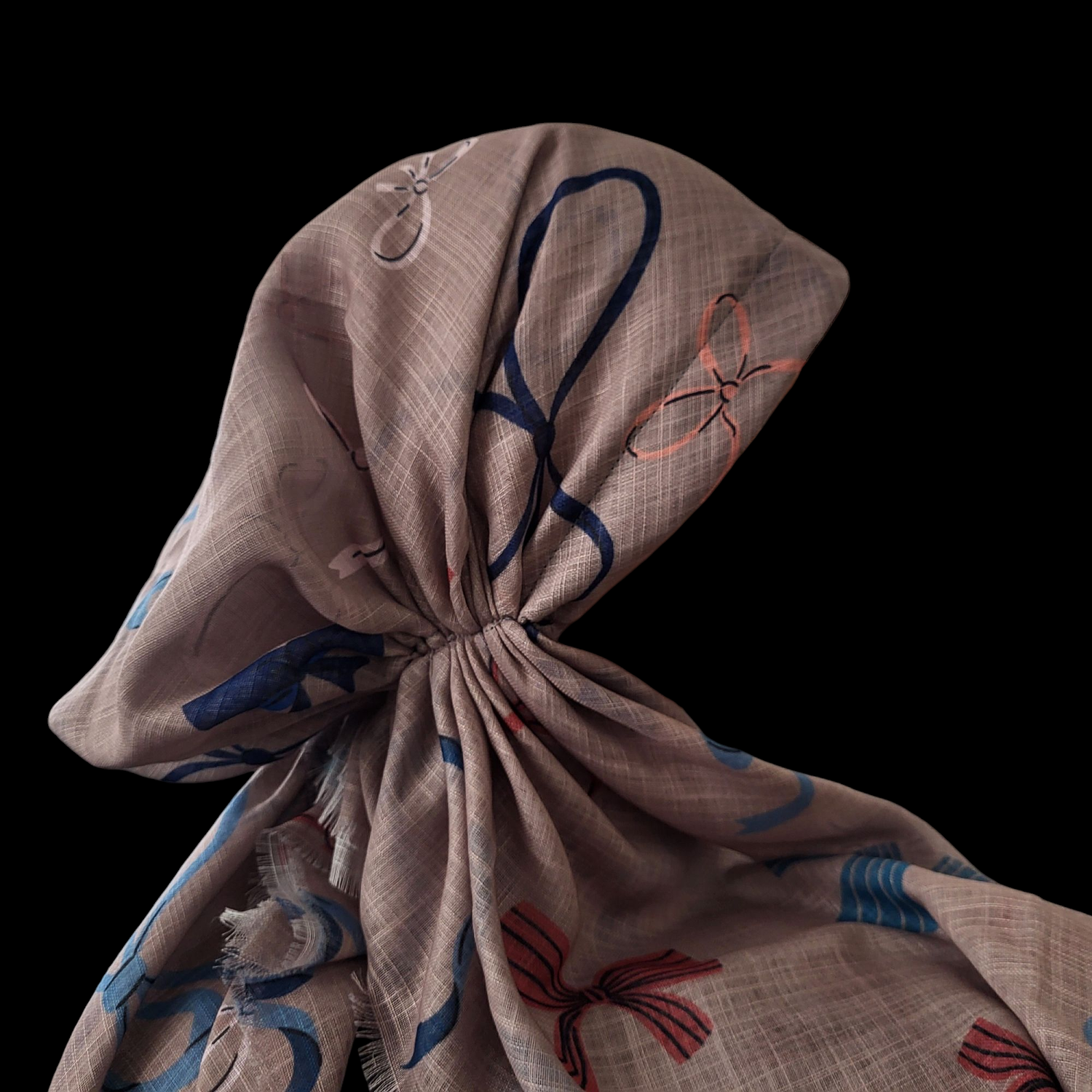 Tan bows patterned - soft fringes pretied tichel