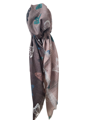 Tan shaded w/butterflies - soft fringes pretied tichel