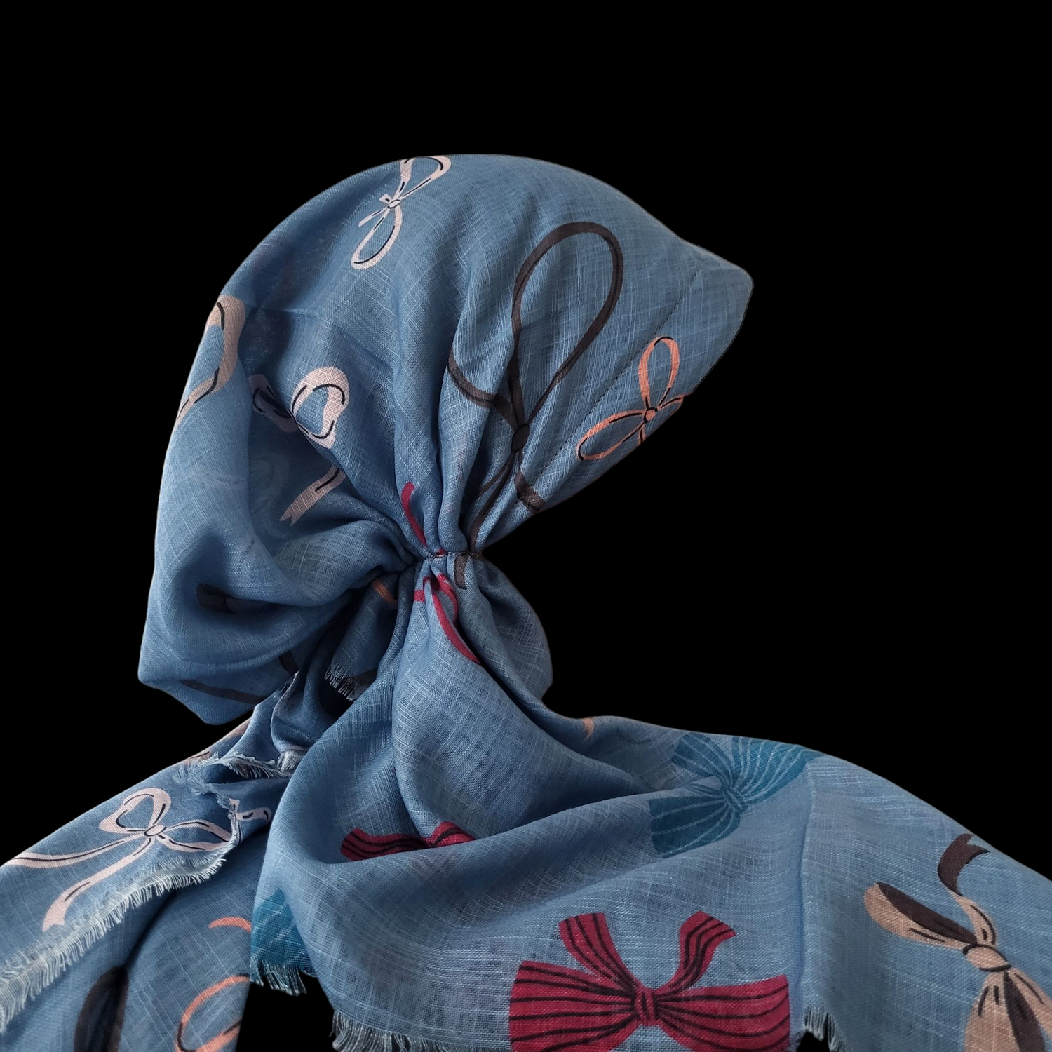 Light denim bows patterned - soft fringes pretied tichel