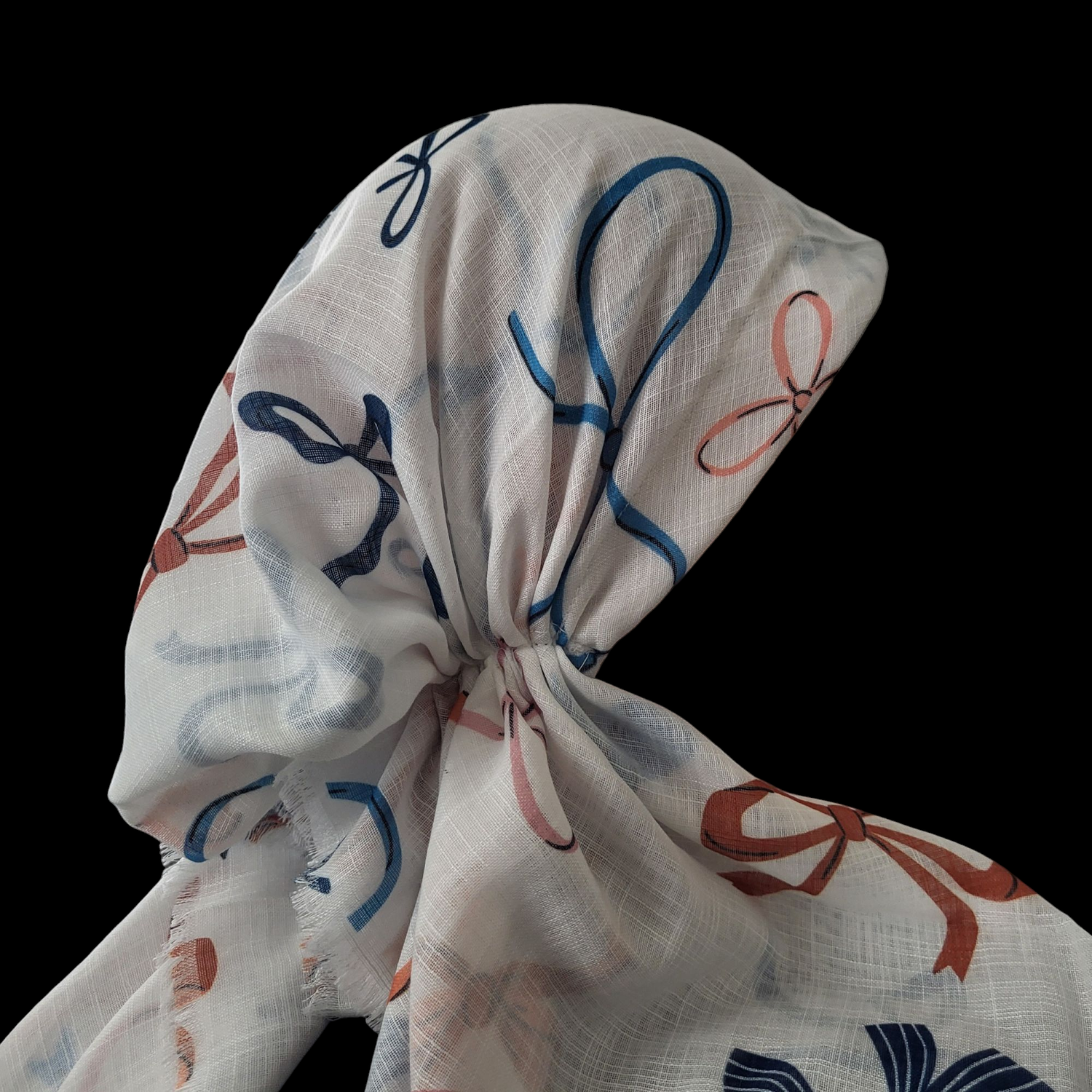 White bows patterned - soft fringes pretied tichel