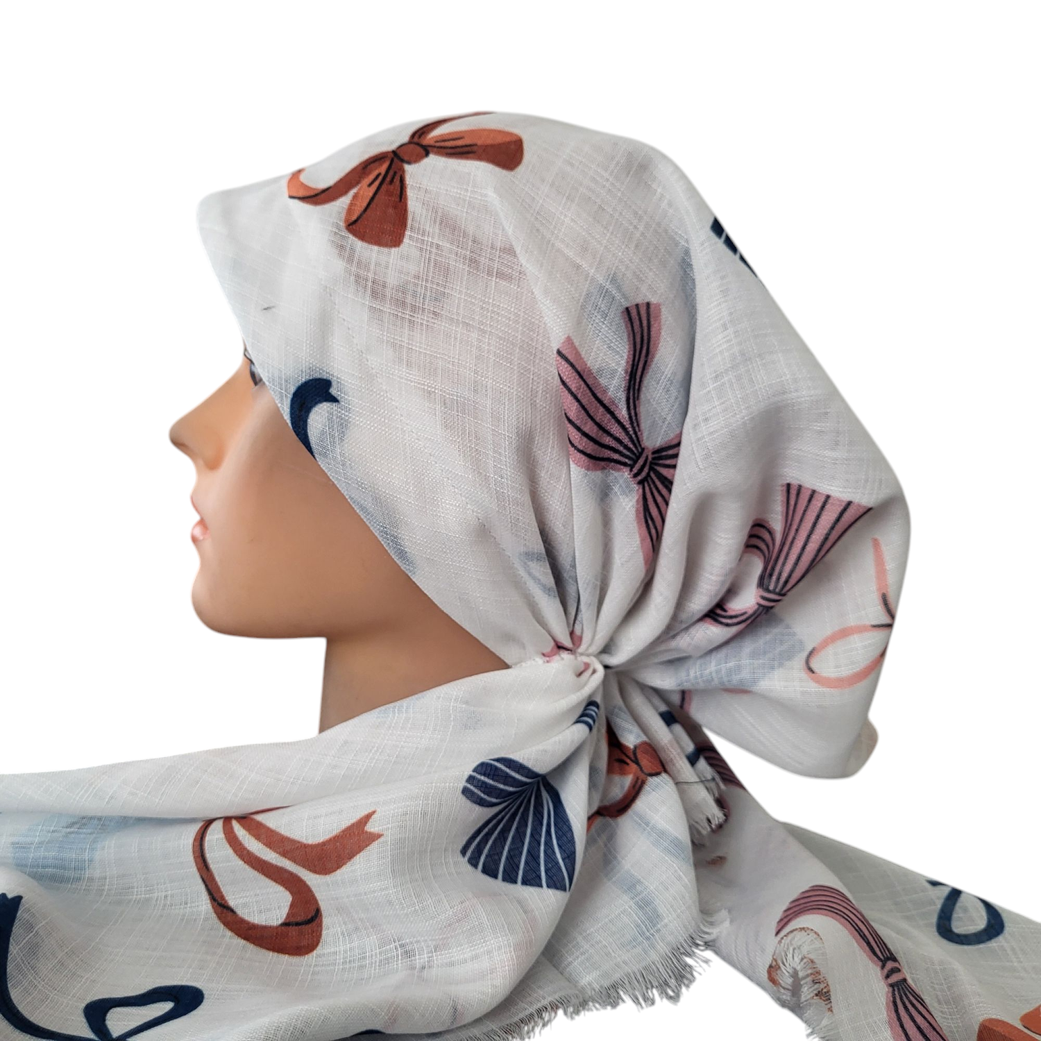 White bows patterned - soft fringes pretied tichel