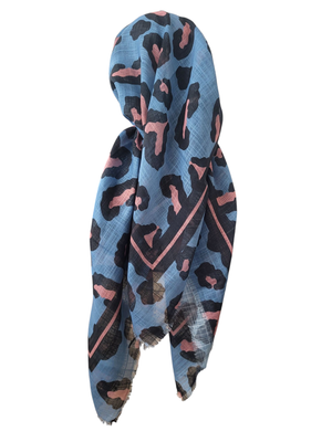 Denim leopard - long kerchief back - soft fringes pretied tichel (BBS) w/band sewn in