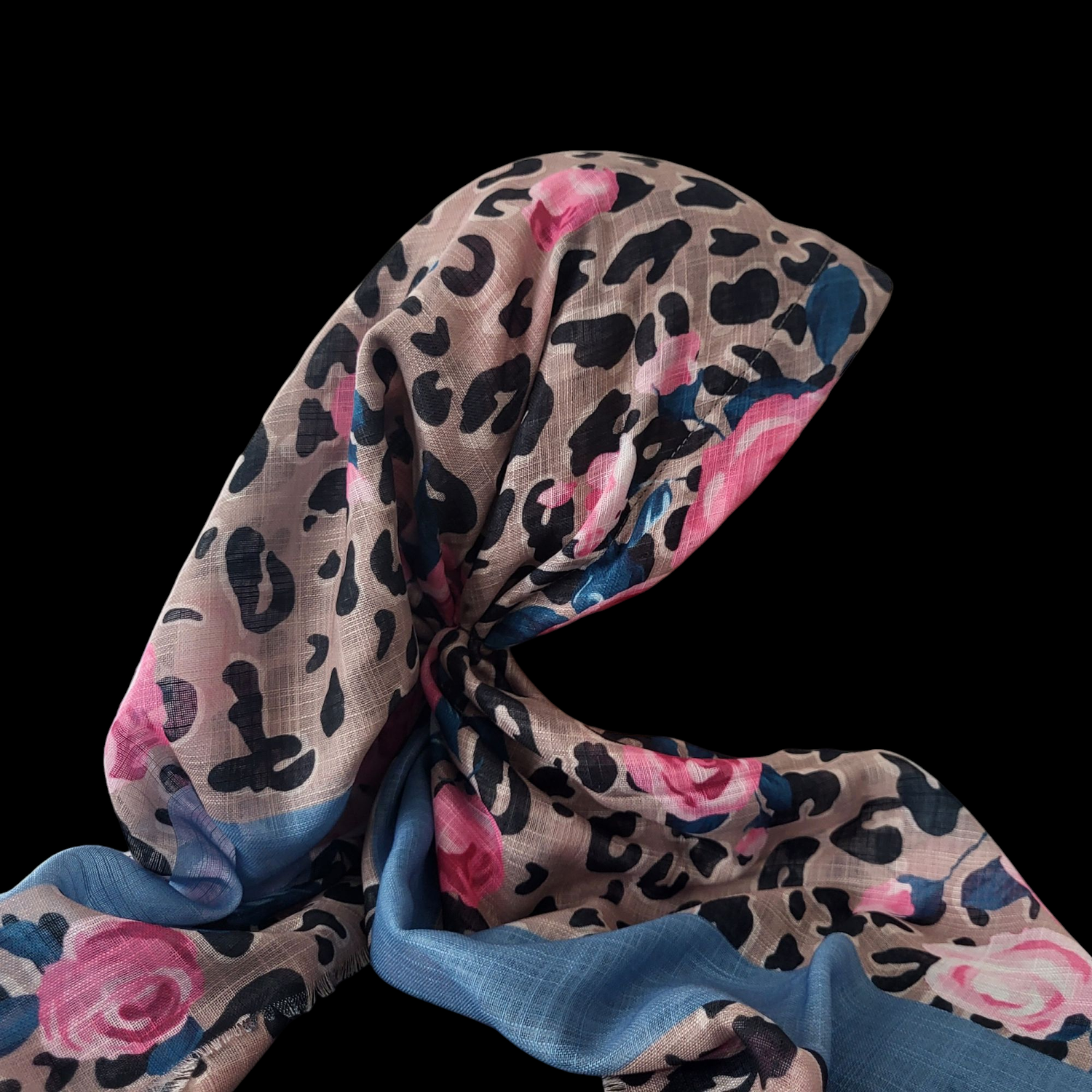 Tan leopard w/flowers - long kerchief back - soft fringes pretied tichel (BBS) w/band sewn in