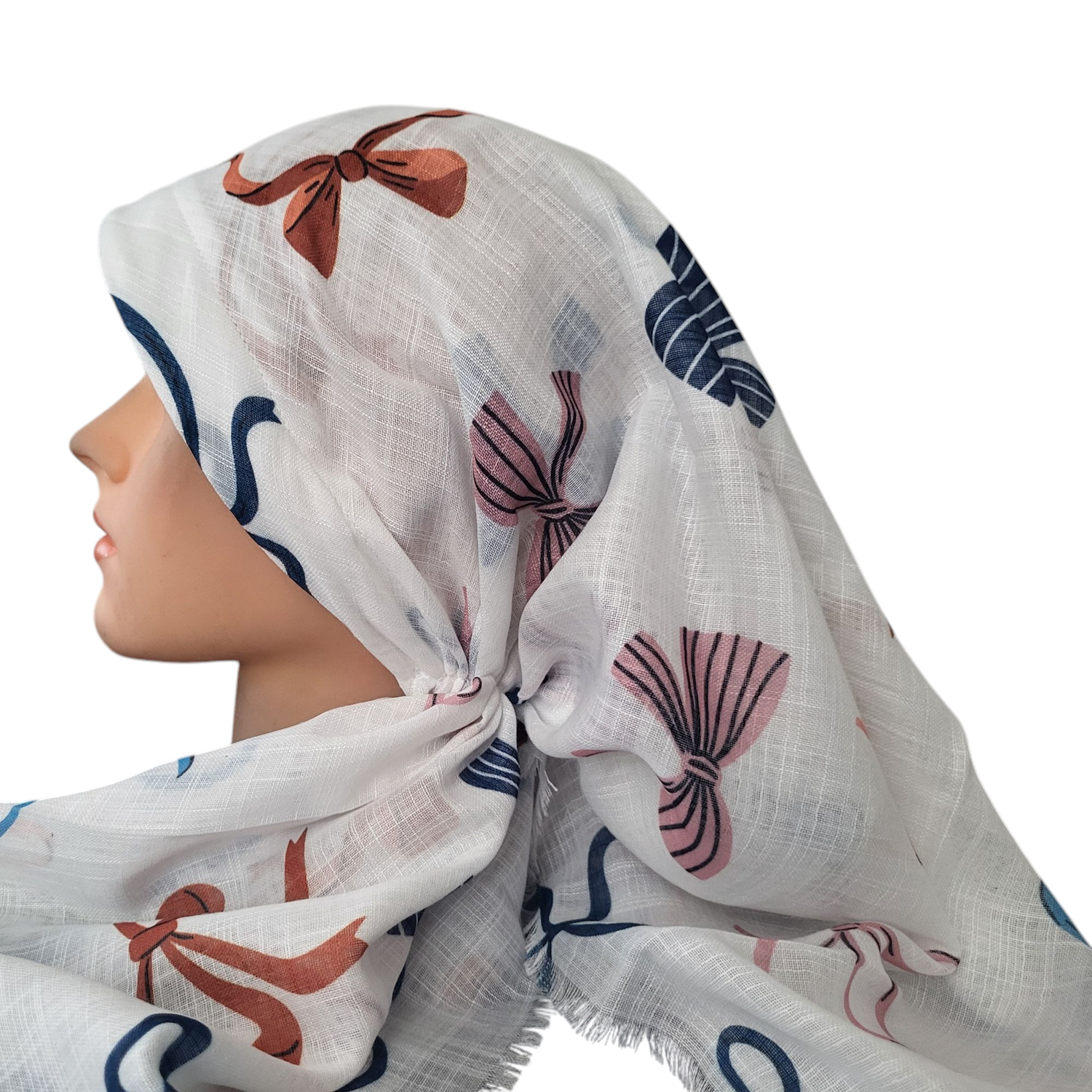White bows pattern - long kerchief back - soft fringes pretied tichel (BBS) w/band sewn in