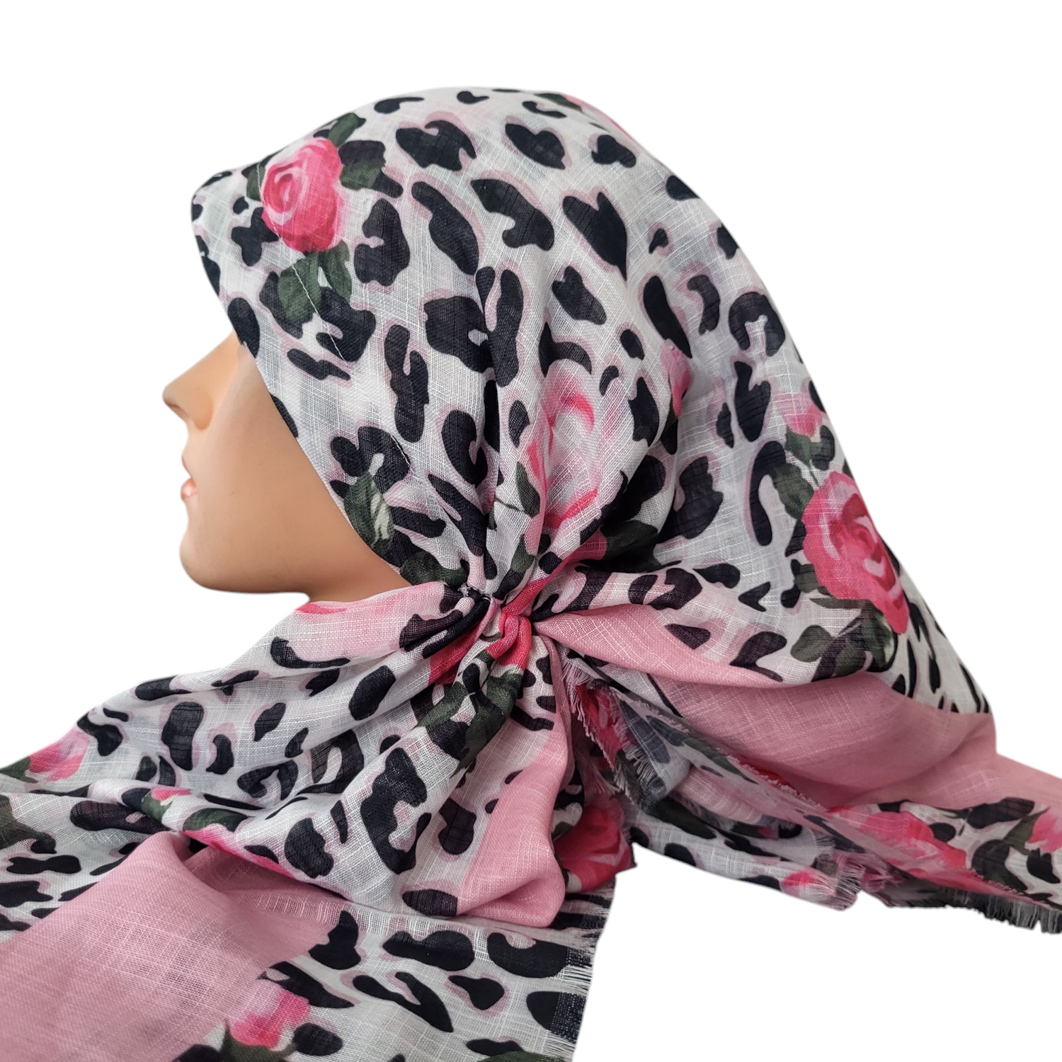 White leopard w/flowers - long kerchief back - soft fringes pretied tichel (BBS) w/band sewn in