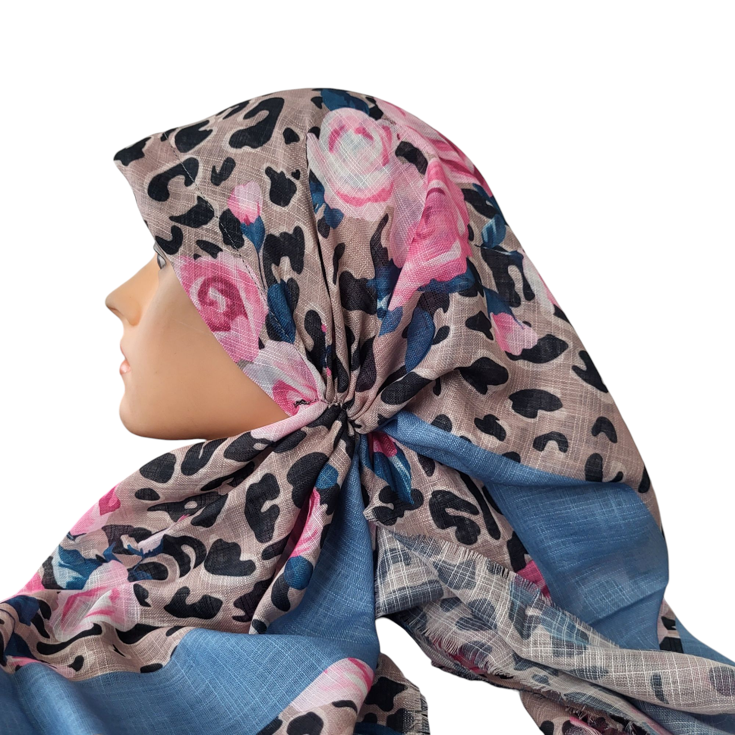 Tan leopard w/flowers - long kerchief back - soft fringes pretied tichel (BBS) w/band sewn in