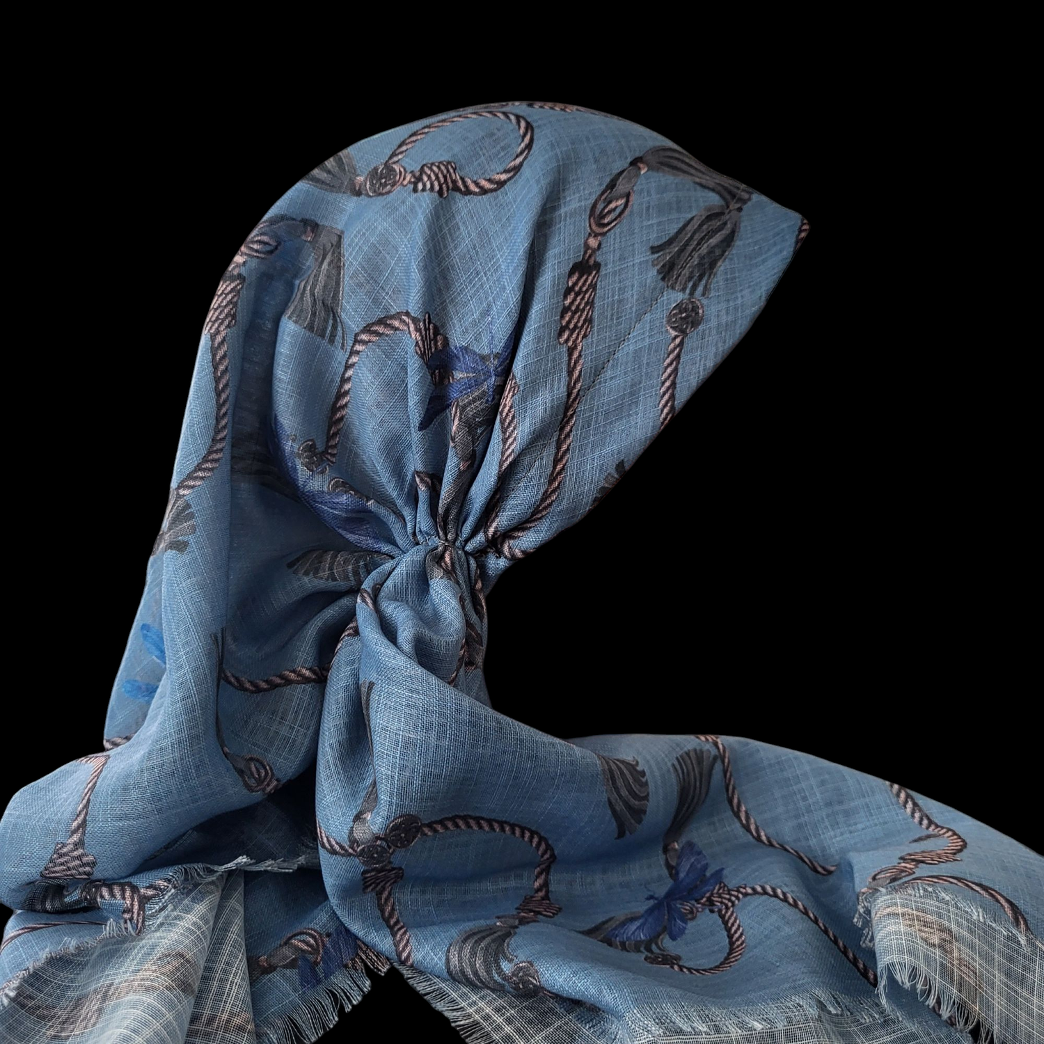 Light denim tassels n' more pattern - long kerchief back - soft fringes pretied tichel (BBS) w/band sewn in