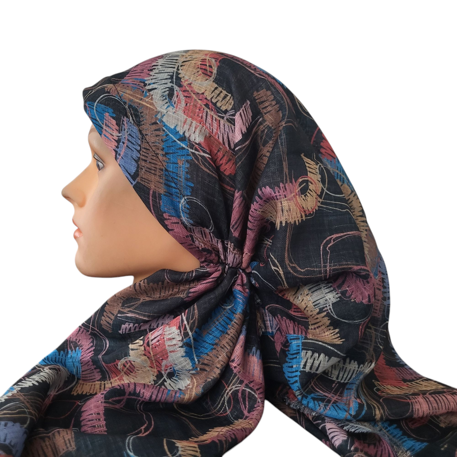 Multicolored black base - long kerchief back - soft fringes pretied tichel (BBS) w/band sewn in