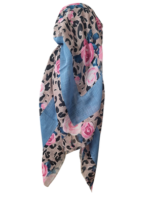 Tan leopard w/flowers - long kerchief back - soft fringes pretied tichel (BBS) w/band sewn in