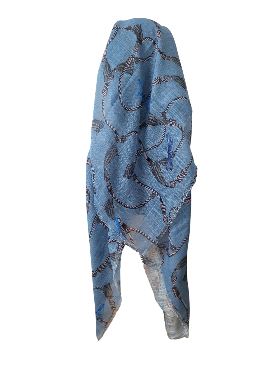Light denim tassels n&#39; more pattern - long kerchief back - soft fringes pretied tichel (BBS) w/band sewn in