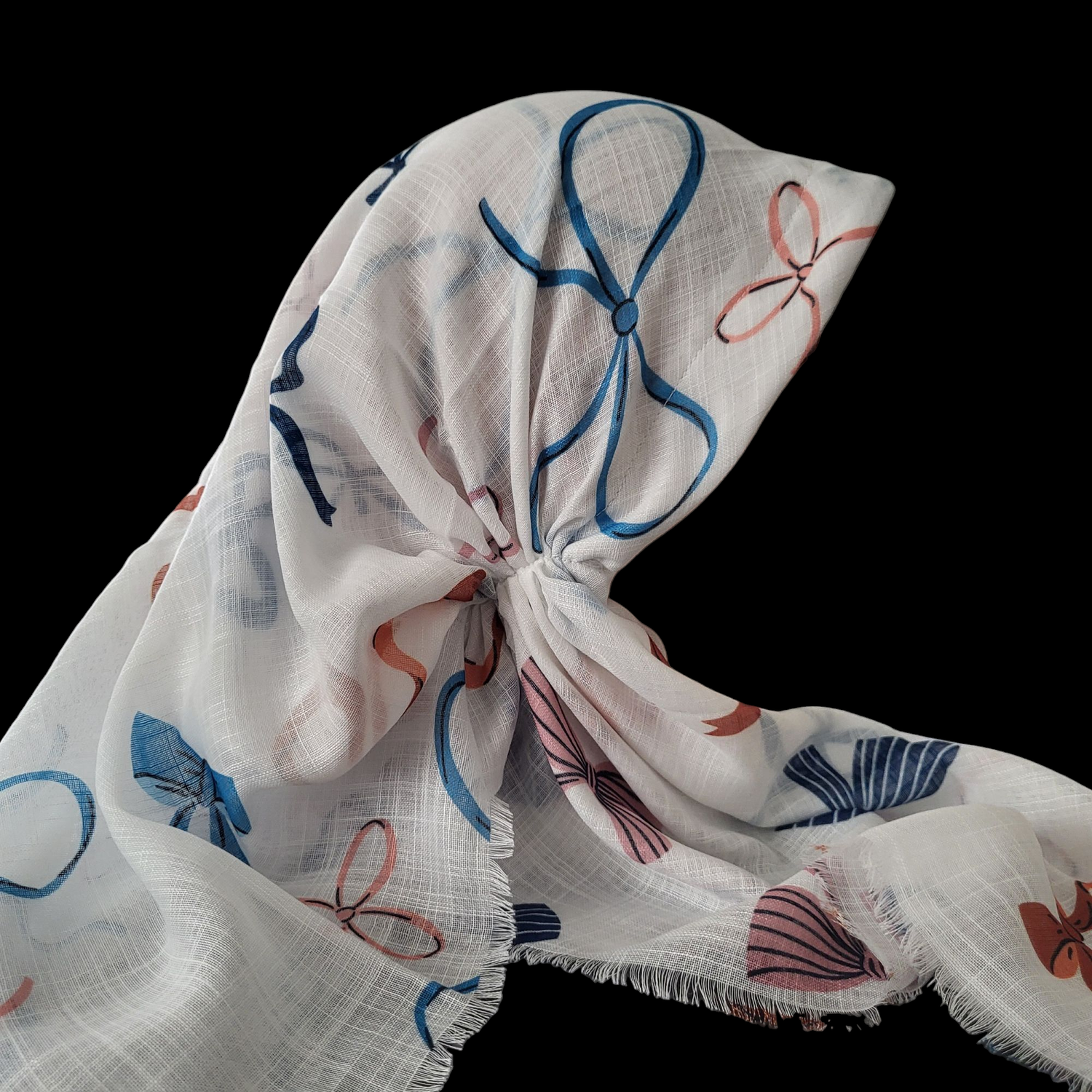 White bows pattern - long kerchief back - soft fringes pretied tichel (BBS) w/band sewn in