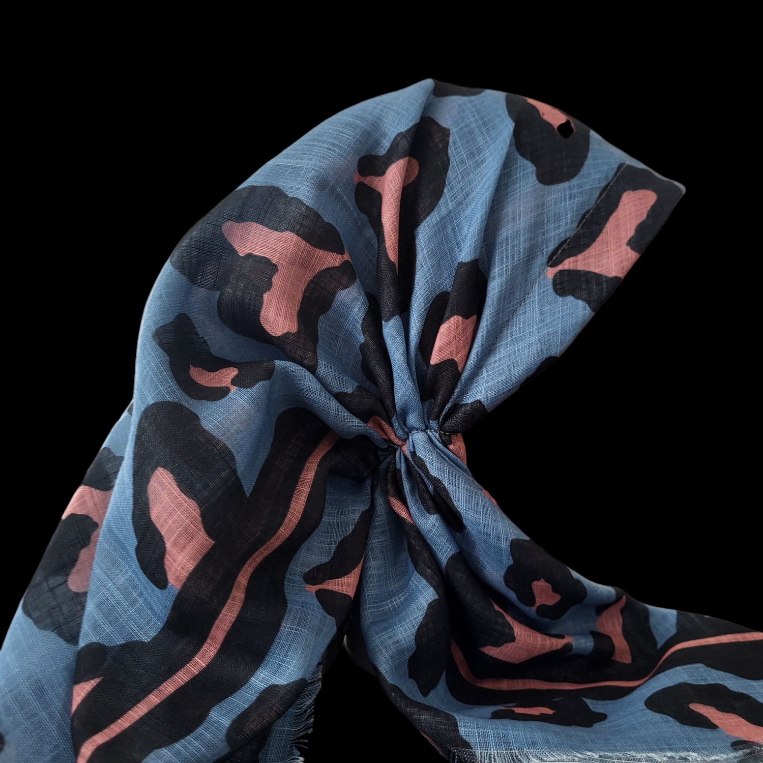 Denim leopard - long kerchief back - soft fringes pretied tichel (BBS) w/band sewn in