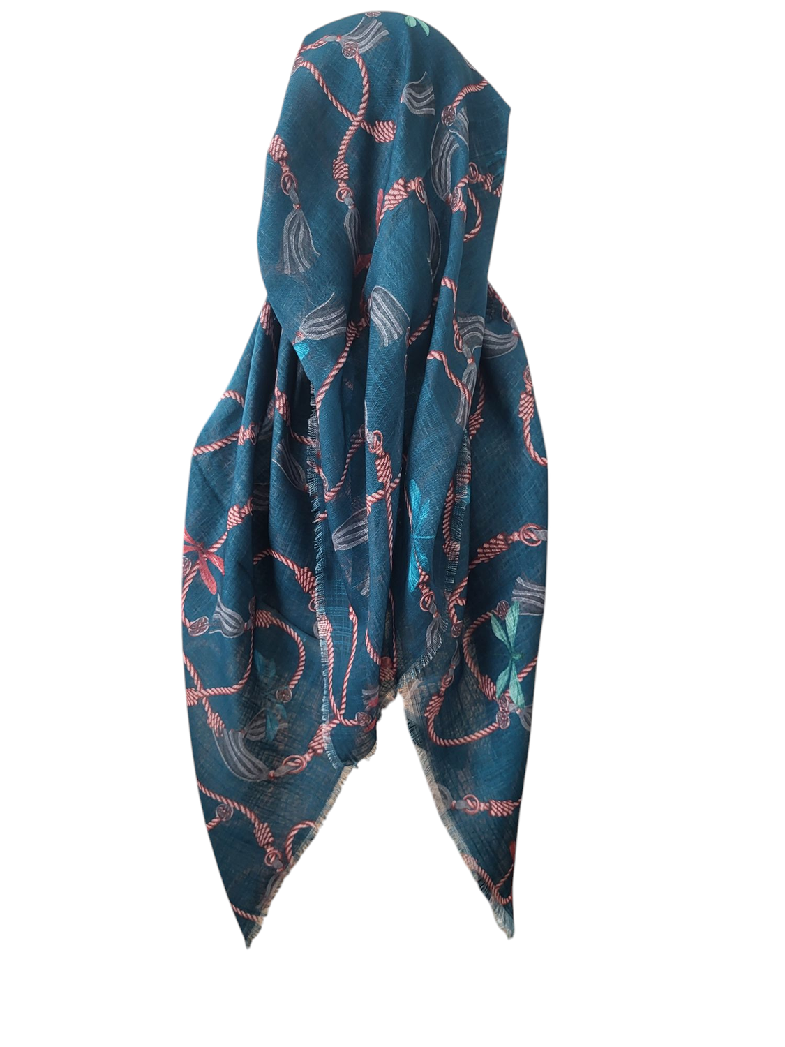 Green tassels n&#39; more pattern - long kerchief back - soft fringes pretied tichel (BBS) w/band sewn in