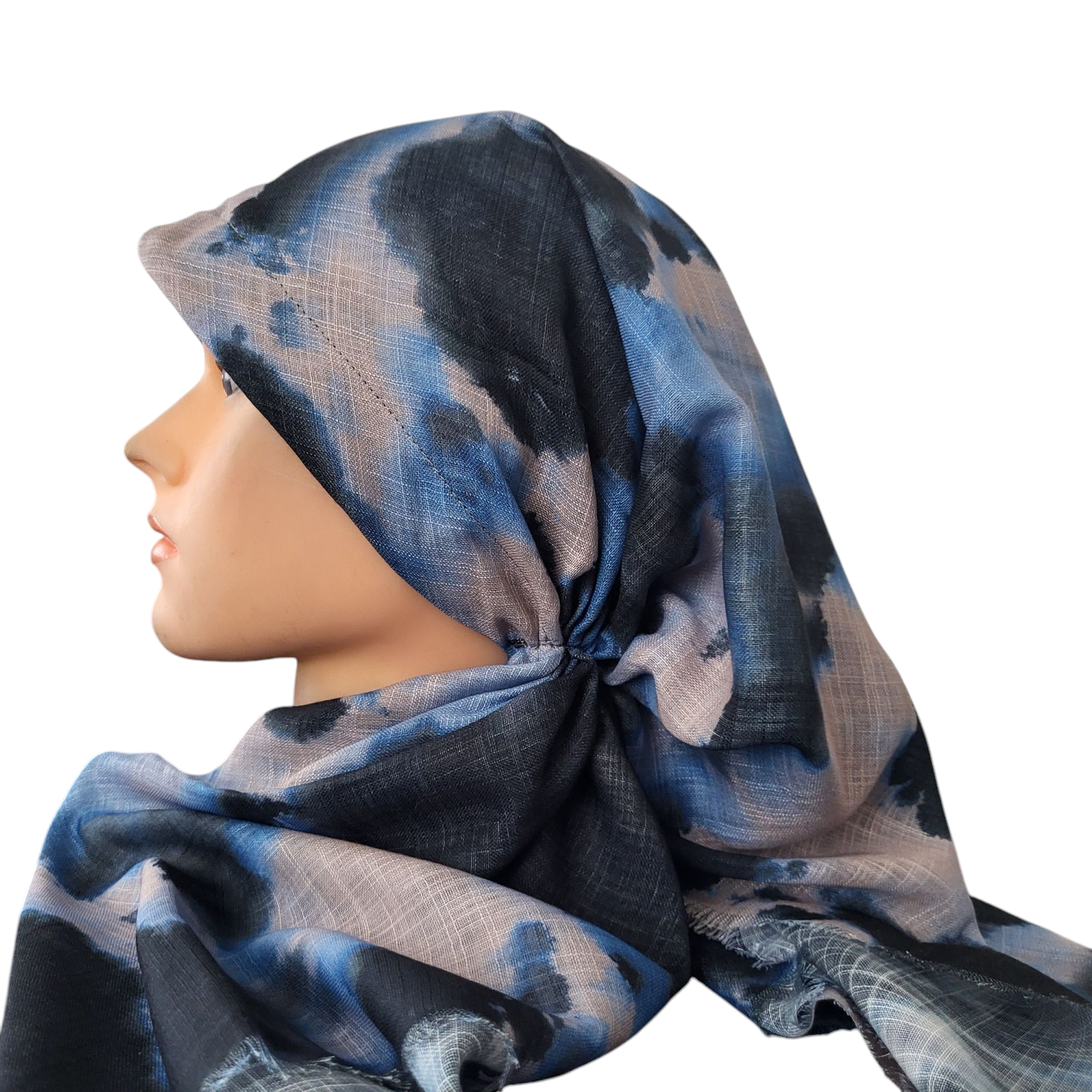 Multicolored tan - long kerchief back - soft fringes pretied tichel (BBS) w/band sewn in