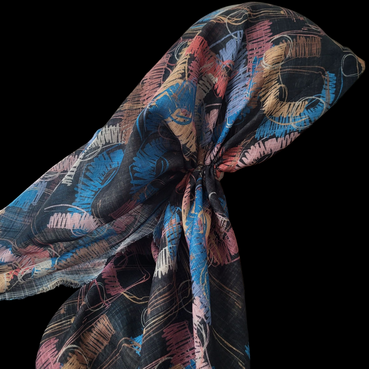 Multicolored black base - long kerchief back - soft fringes pretied tichel (BBS) w/band sewn in