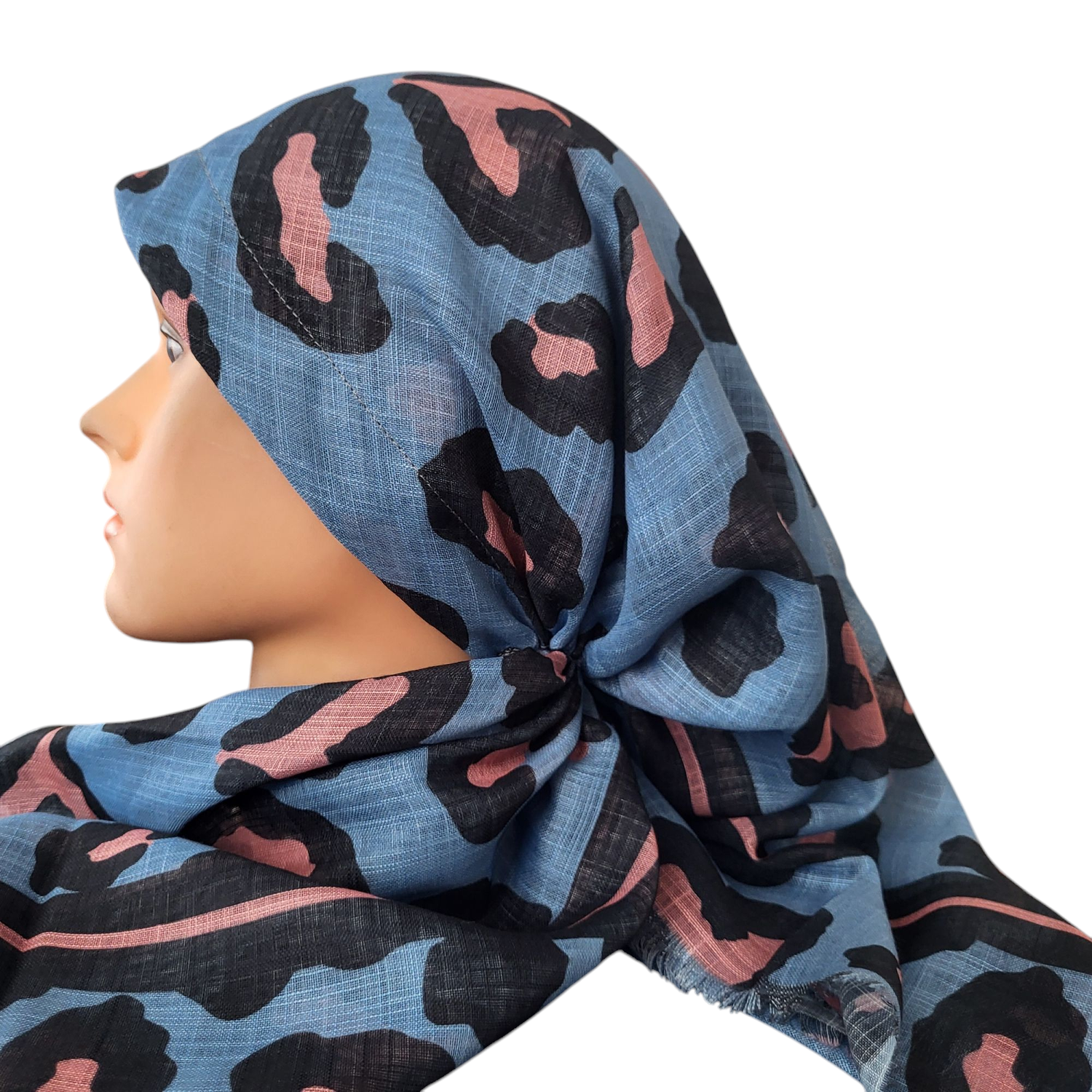 Denim leopard - long kerchief back - soft fringes pretied tichel (BBS) w/band sewn in
