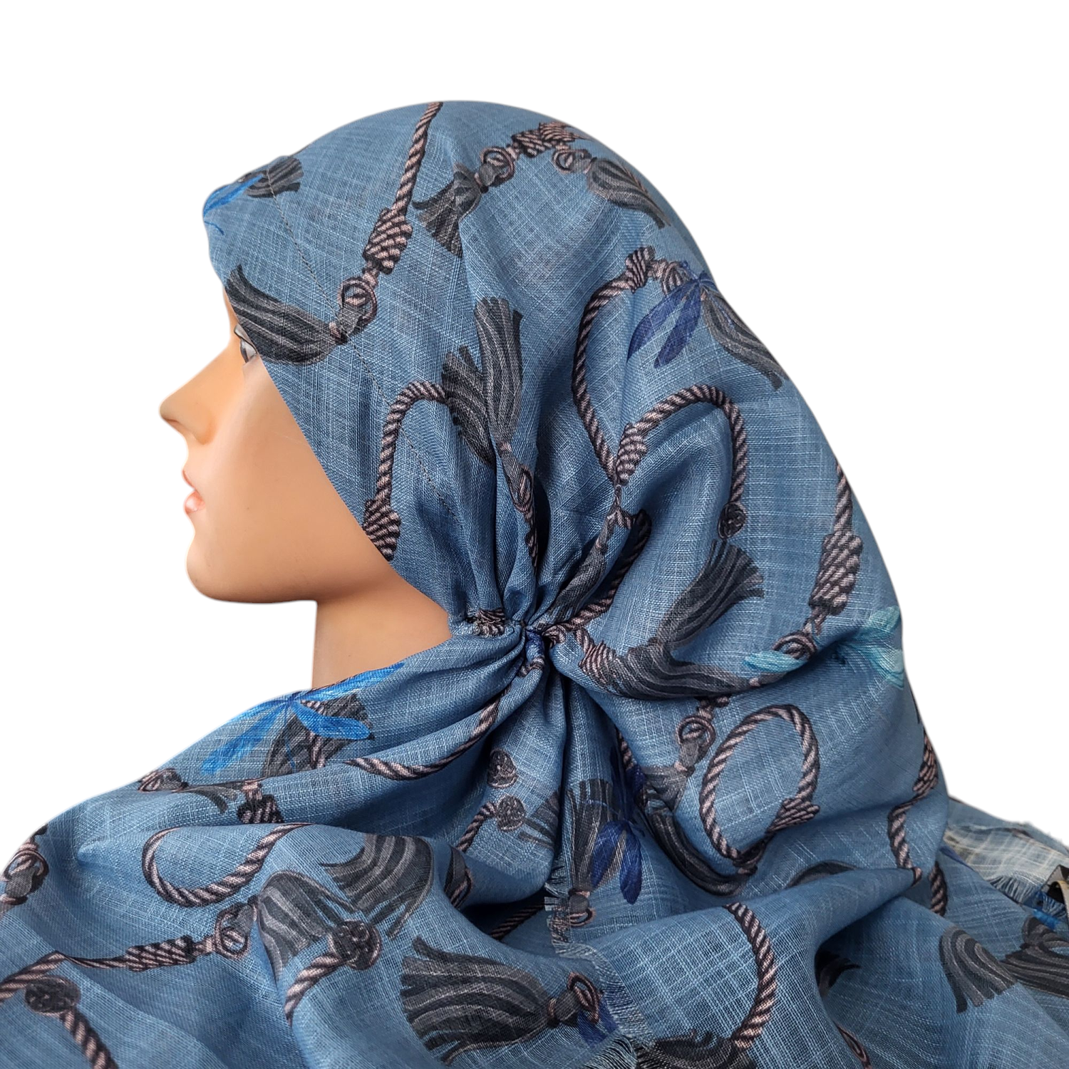 Light denim tassels n' more pattern - long kerchief back - soft fringes pretied tichel (BBS) w/band sewn in