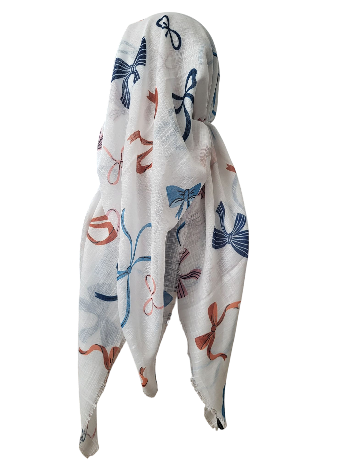 White bows pattern - long kerchief back - soft fringes pretied tichel (BBS) w/band sewn in
