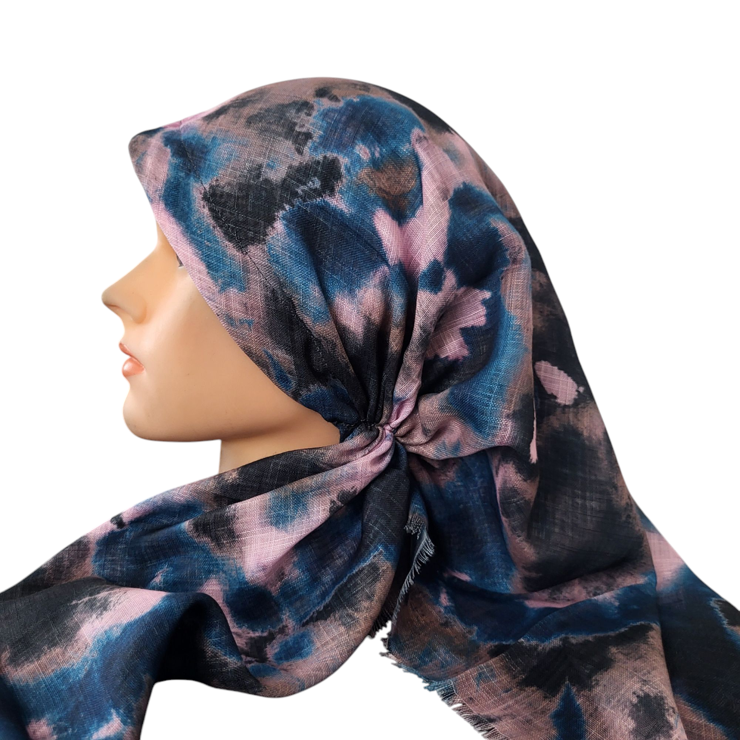 Multicolored pink - long kerchief back - soft fringes pretied tichel (BBS) w/band sewn in