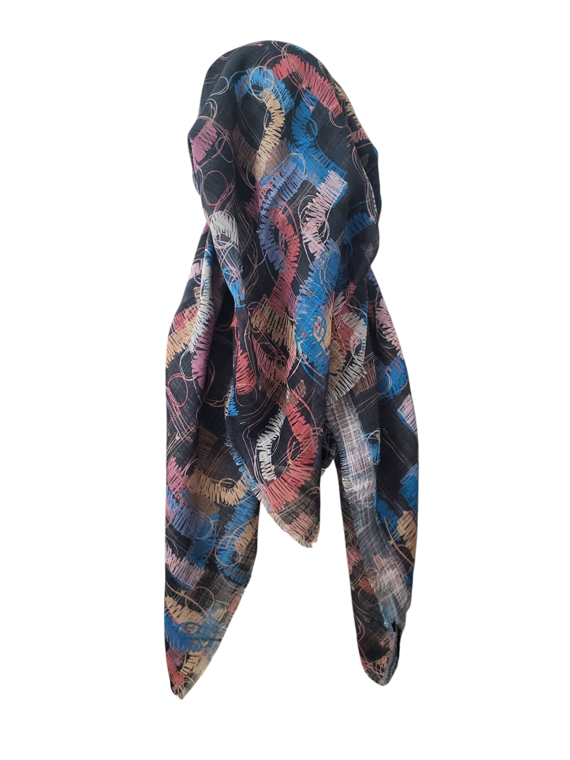 Multicolored black base - long kerchief back - soft fringes pretied tichel (BBS) w/band sewn in