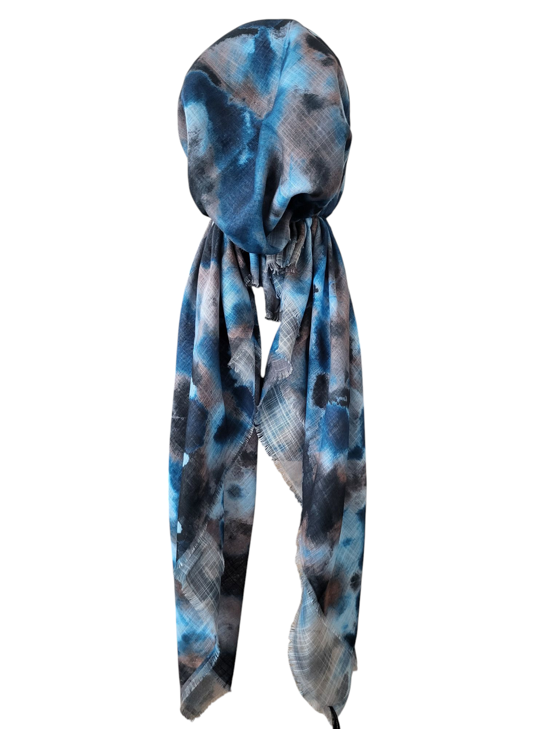 Blue colorfully patterned - soft fringes pretied tichel