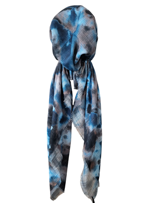 Blue colorfully patterned - soft fringes pretied tichel