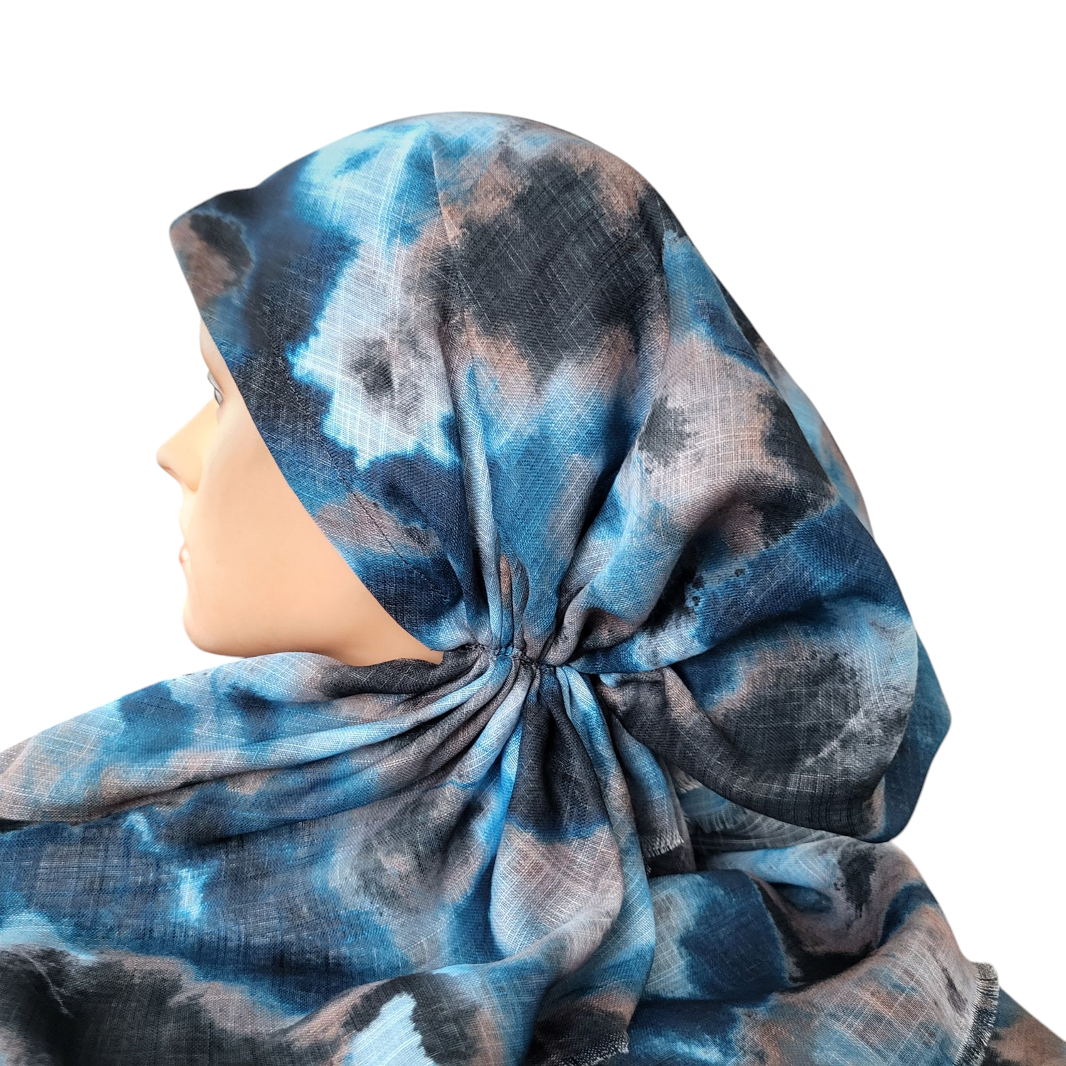 Blue colorfully patterned - soft fringes pretied tichel