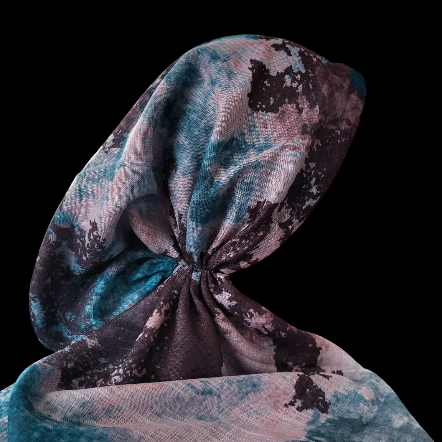 Teal colorfully patterned - soft fringes pretied tichel