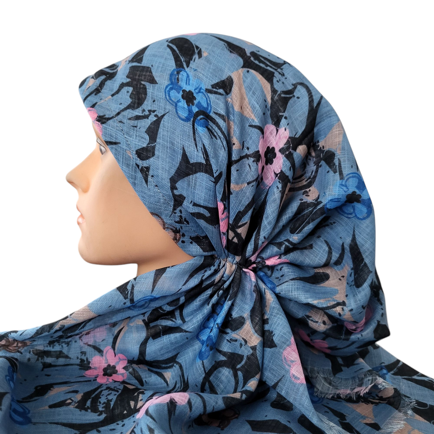 Denim flowers - soft fringes pretied tichel