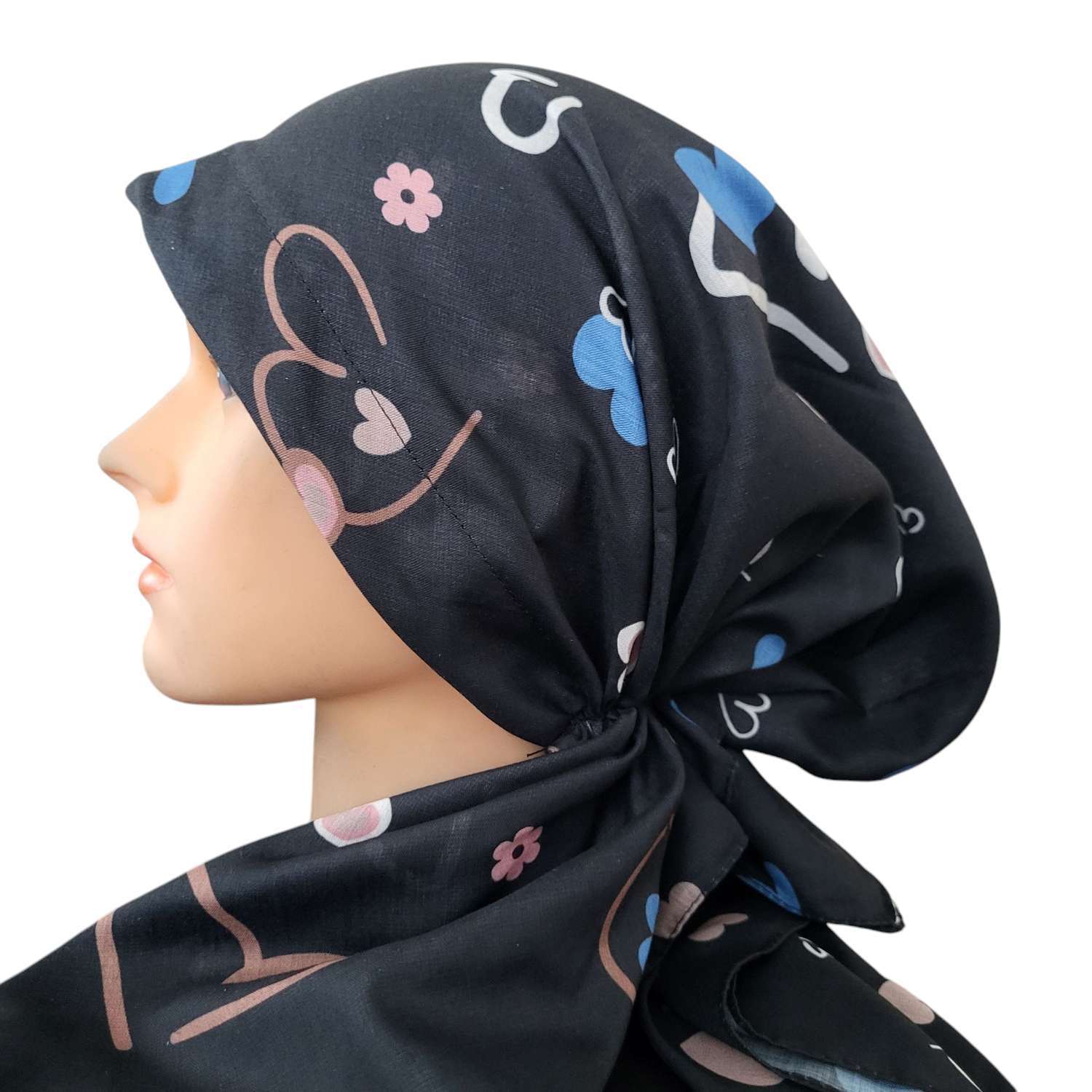 Black/blue hearts  - Turkish pretied tichel (BBS)