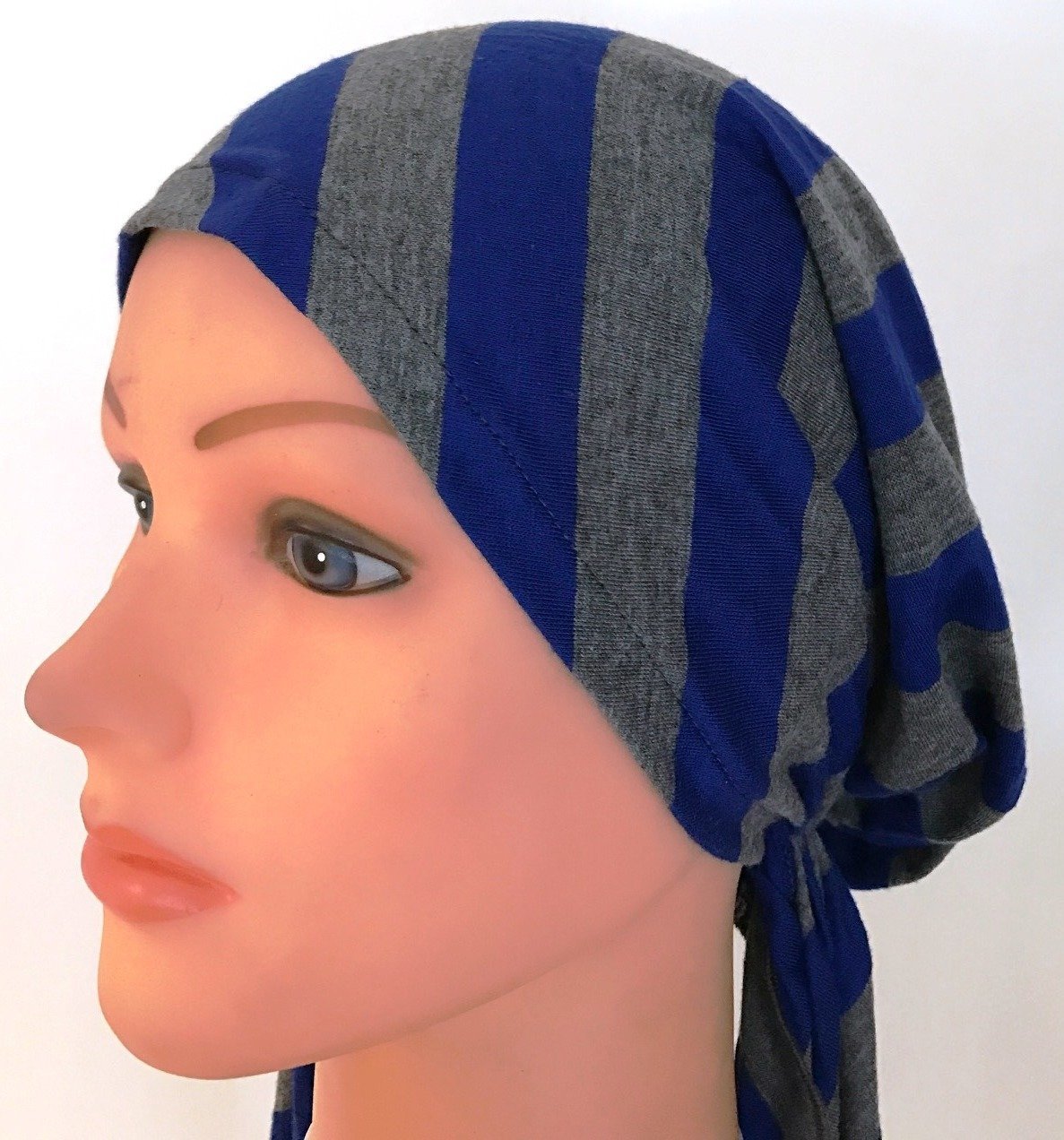 Gray &amp; blue striped pre-tied tichel