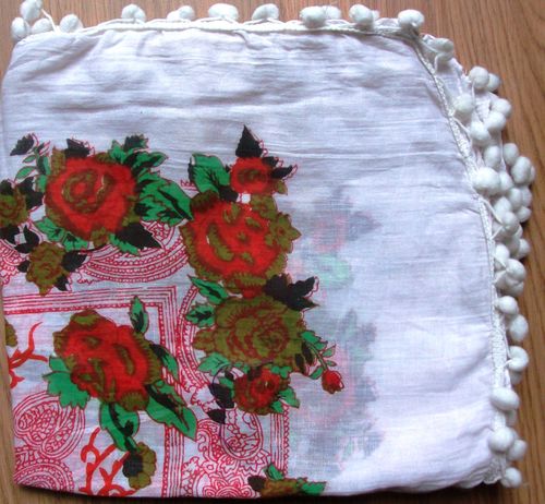 White with red flowers pom pom snazzy tichel