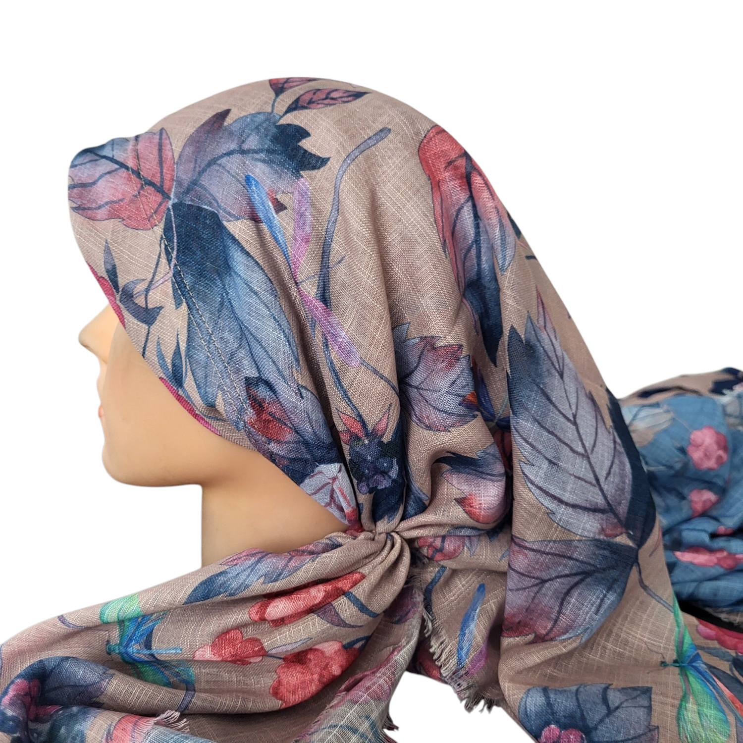 Tan pretty leaves long back pre-tied kerchief w/band sewn in  -  soft fringed edges material