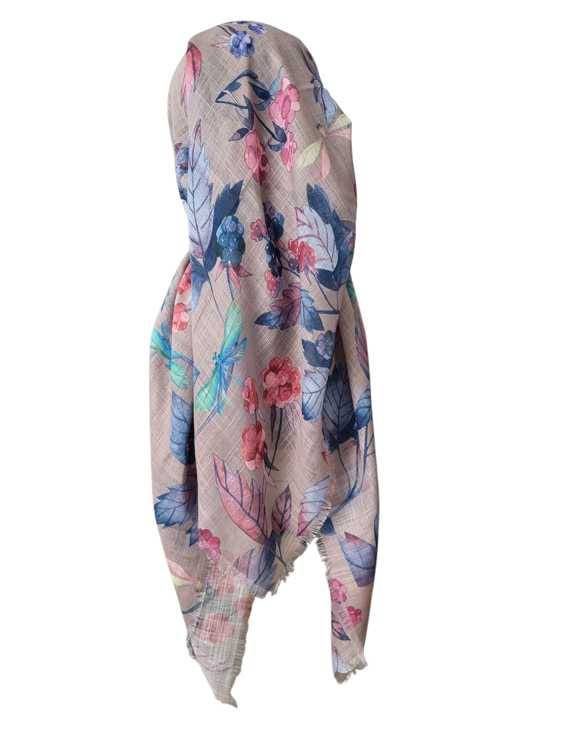 Tan pretty leaves long back pre-tied kerchief w/band sewn in  -  soft fringed edges material