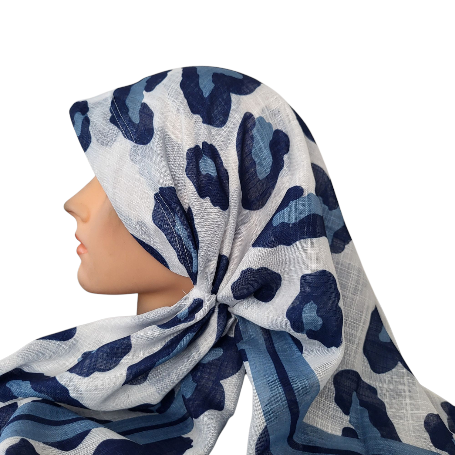 White leopard long back pre-tied kerchief w/band sewn in  -  soft fringed edges material