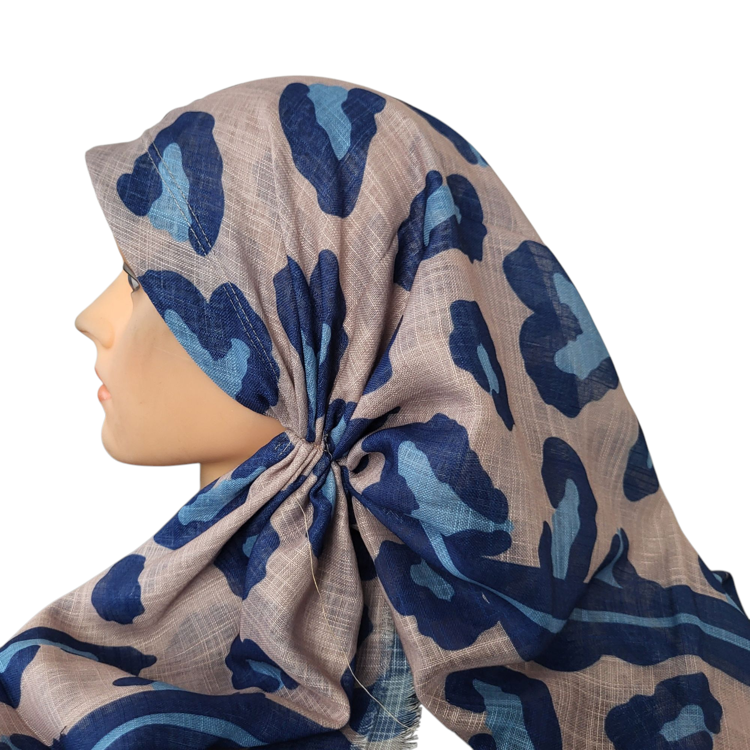 Tan leopard long back pre-tied kerchief w/band sewn in  -  soft fringed edges material